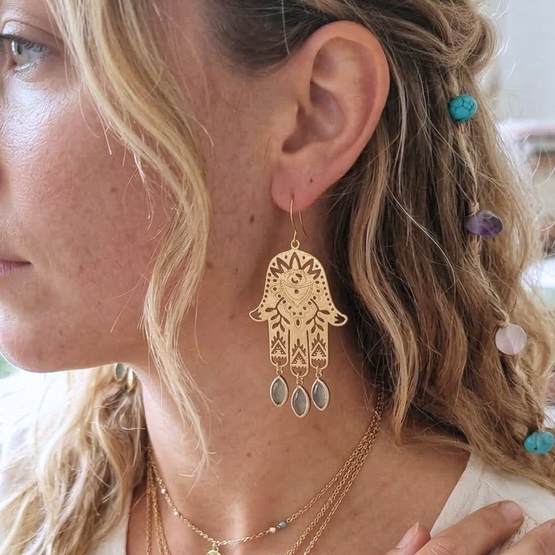 Hamsa Hand Dangle Earrings – Raw Brass & Faceted Glass