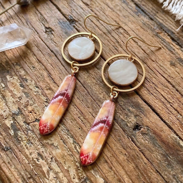 Mother of Pearl Feather Dangle Earrings – Brass & Natural Shell