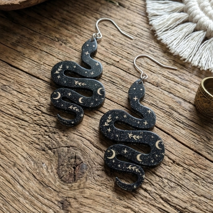 Celestial Serpent Drops | Black & Gold Cosmic Detail