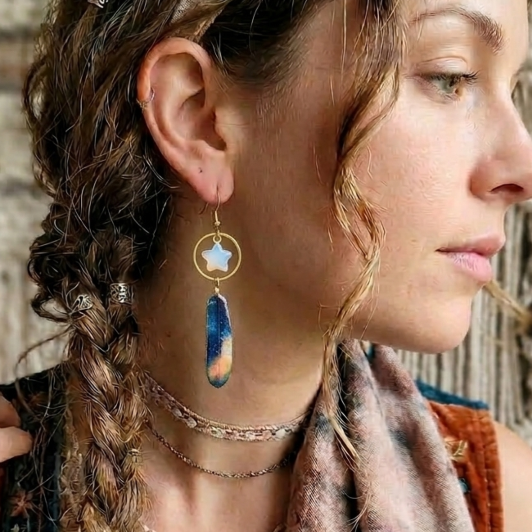 Celestial Flight Feather and Opalite Earrings