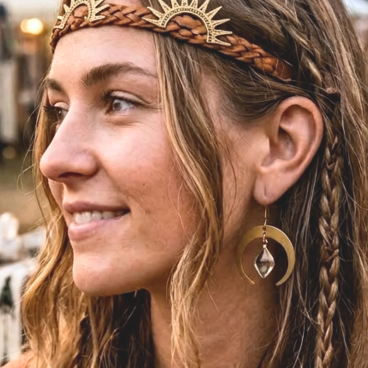 Radiate Lunar Energy: Raw Brass & Crystal Moon Drop Earrings