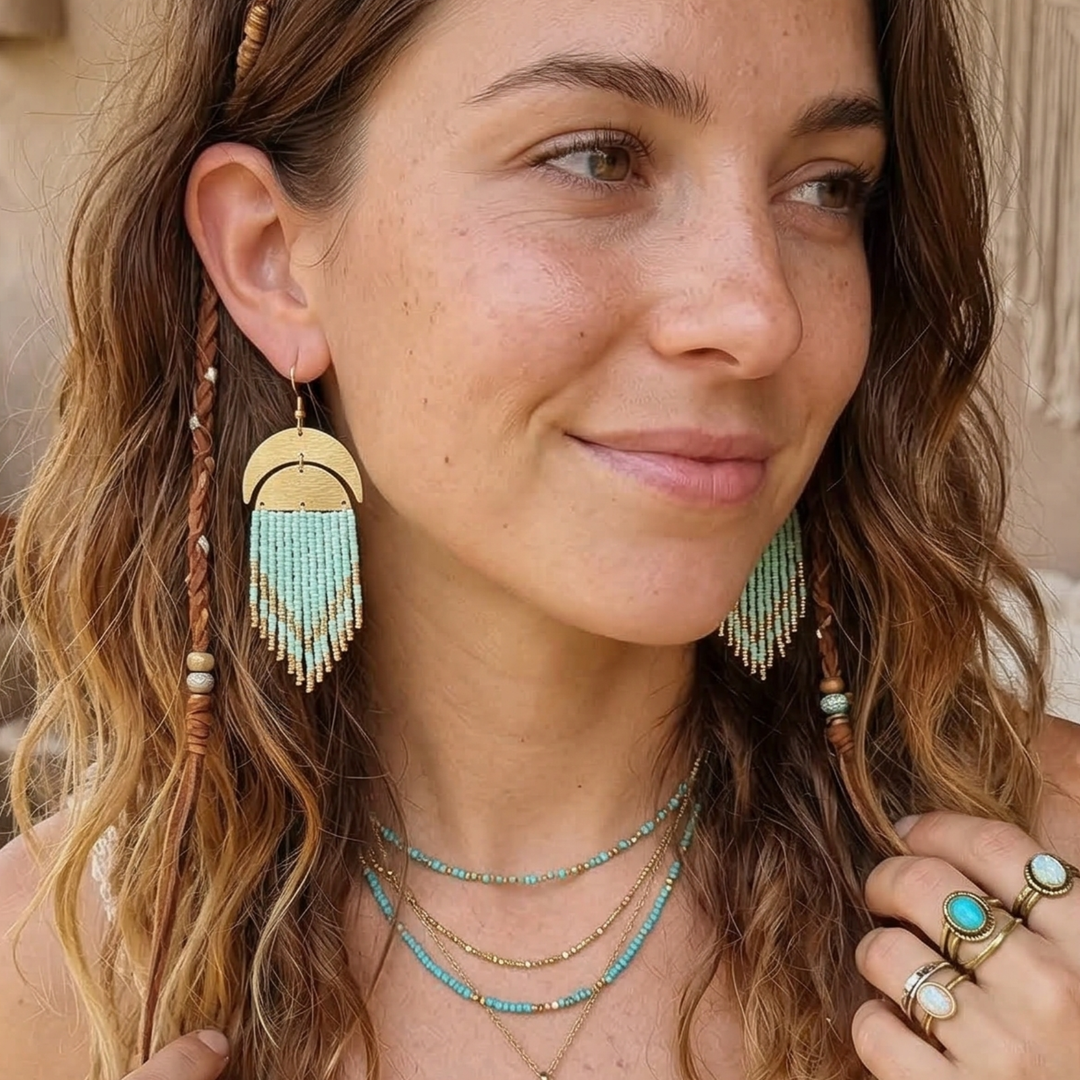 The "Desert Bloom" Beaded Crescent Moon Earrings