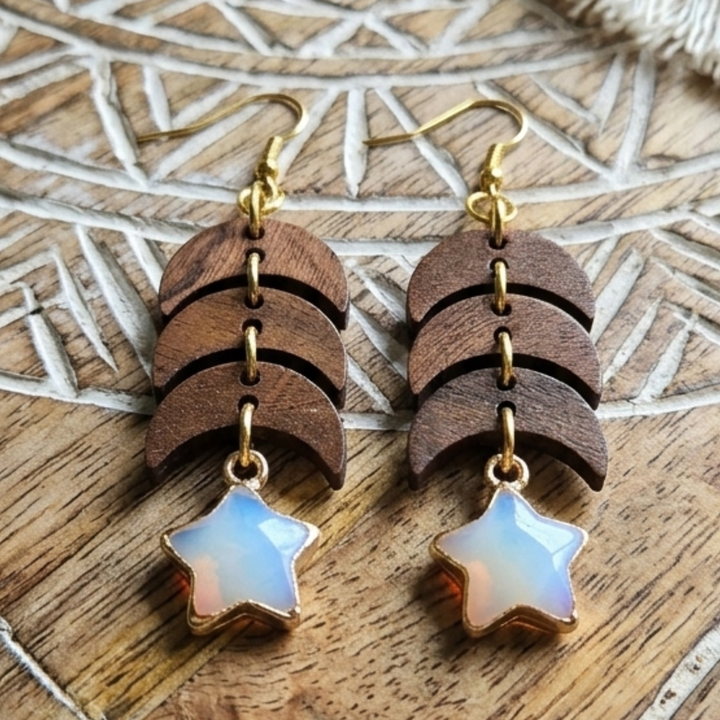 Cosmic Wood & Opalite Moon Phase Earrings