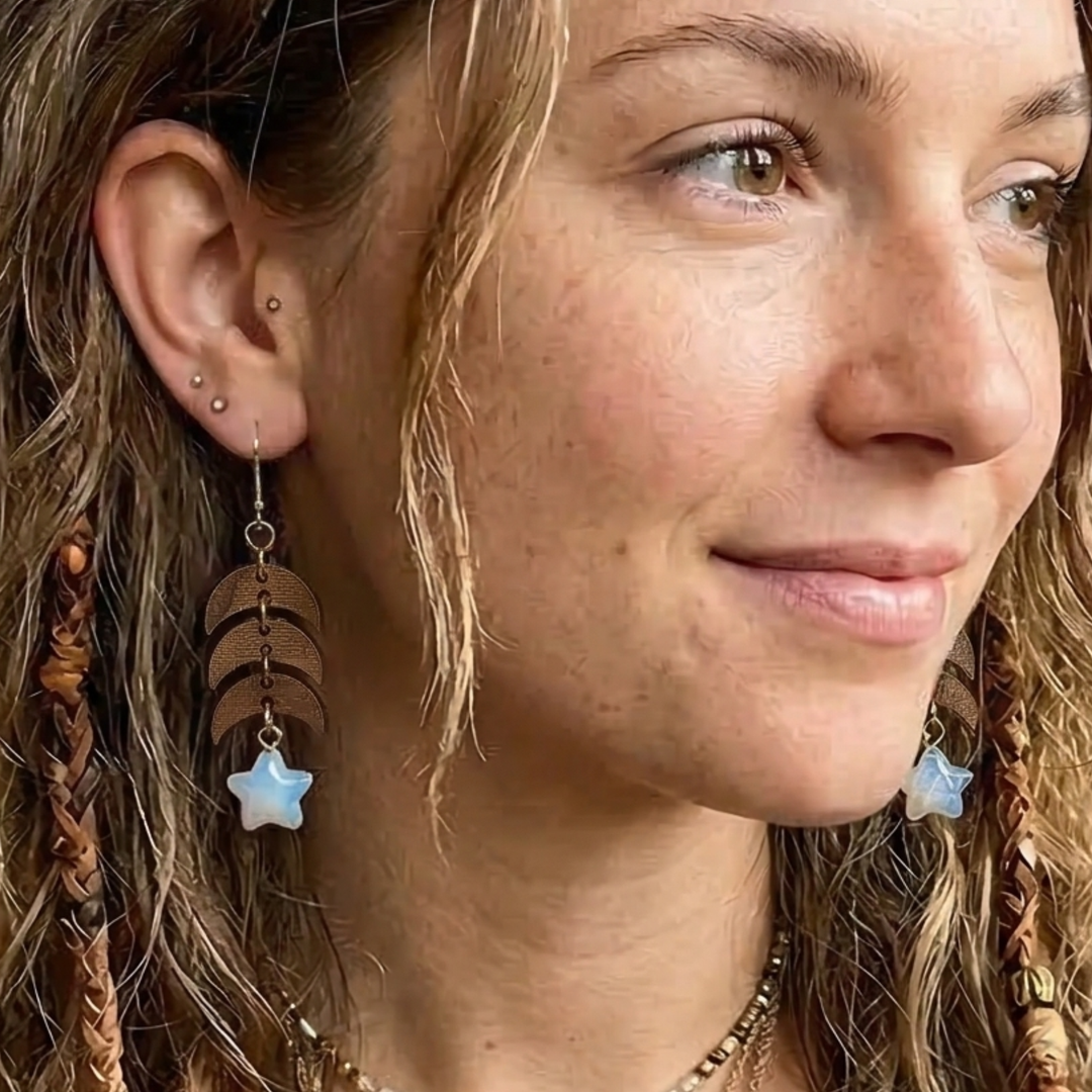 Cosmic Wood & Opalite Moon Phase Earrings