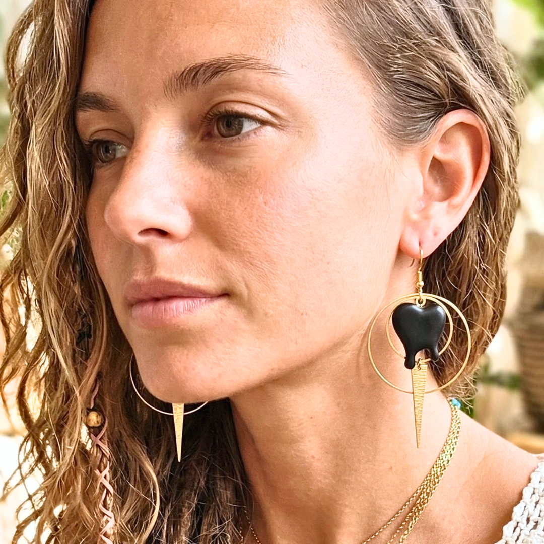 Black Acrylic Drip Heart Earrings – 3" Boho Statement Dangles