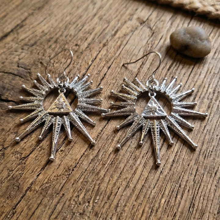 Starburst Sun Dangle Earrings with Free-Floating Triangle