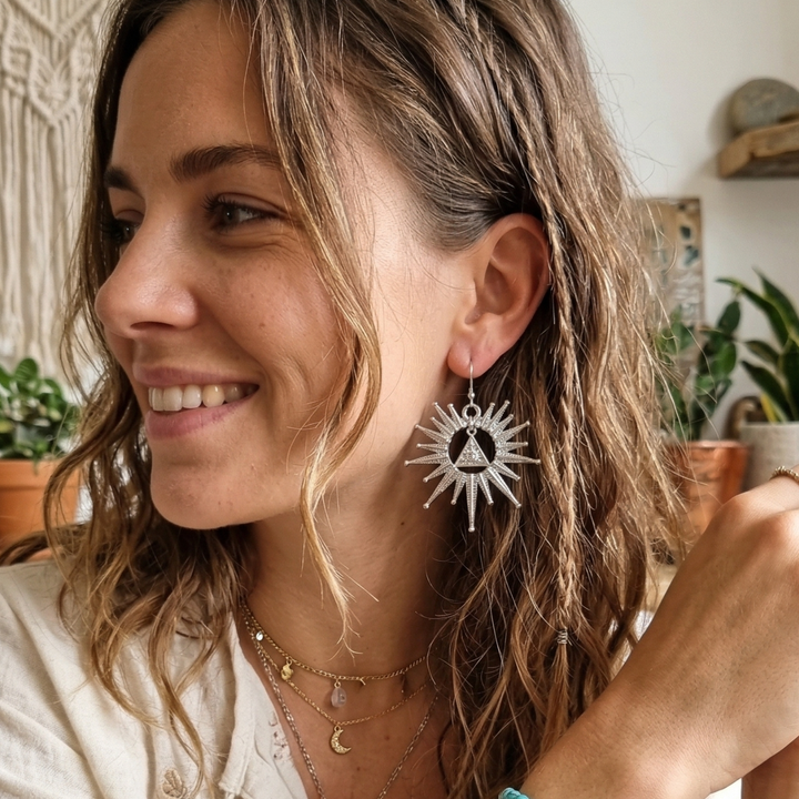 Starburst Sun Dangle Earrings with Free-Floating Triangle
