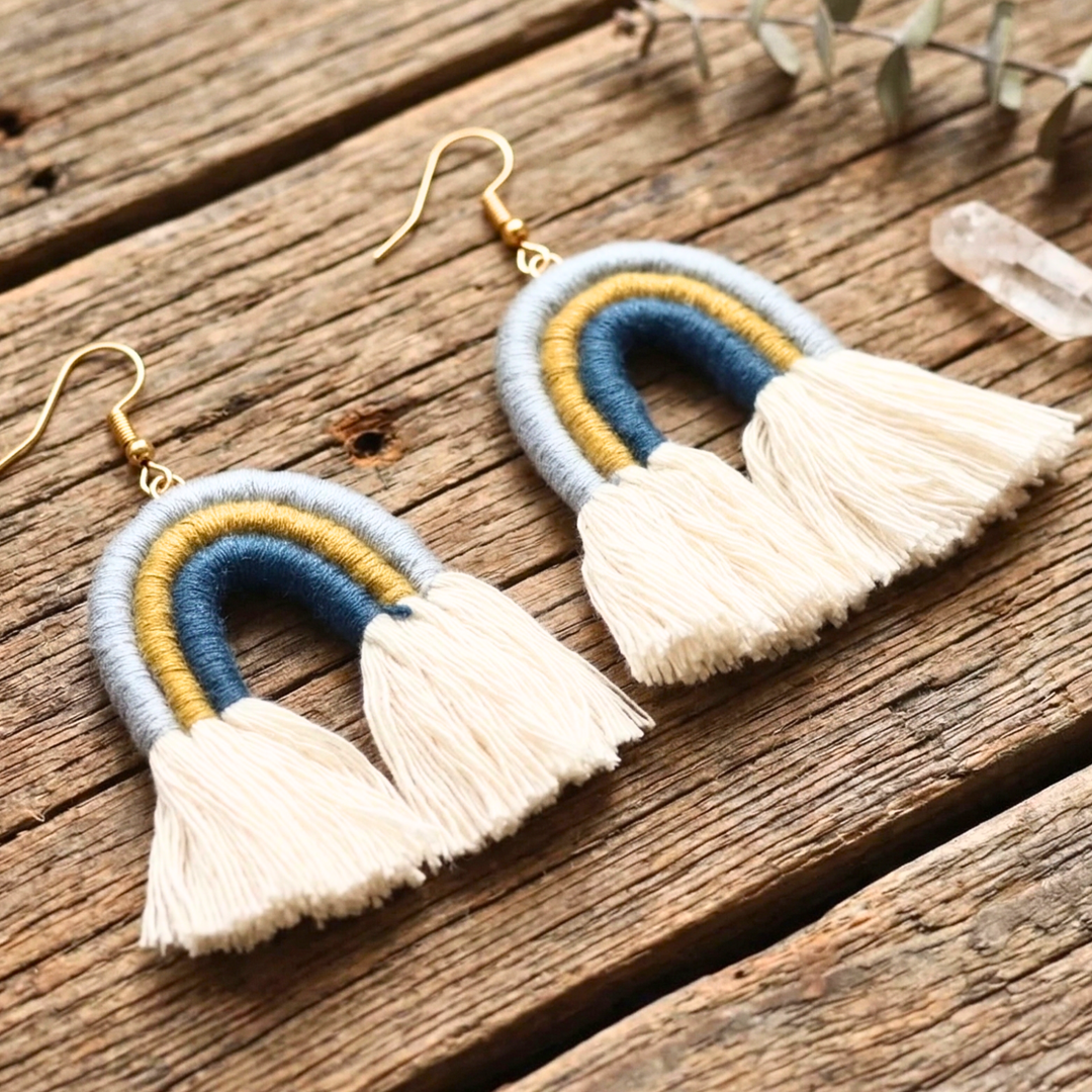 MACRAME RAINBOW TASSEL STATEMENT EARRINGS
