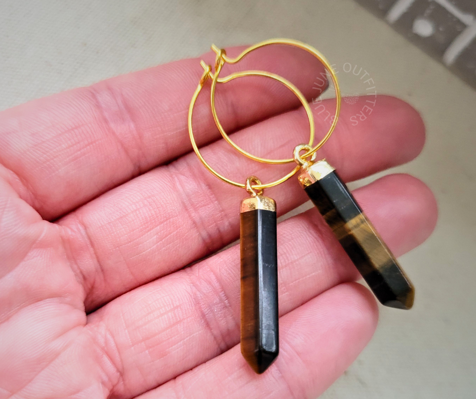 Genuine Tiger's Eye Point Hoop Earrings - 18k Gold Plated Boho Jewelry