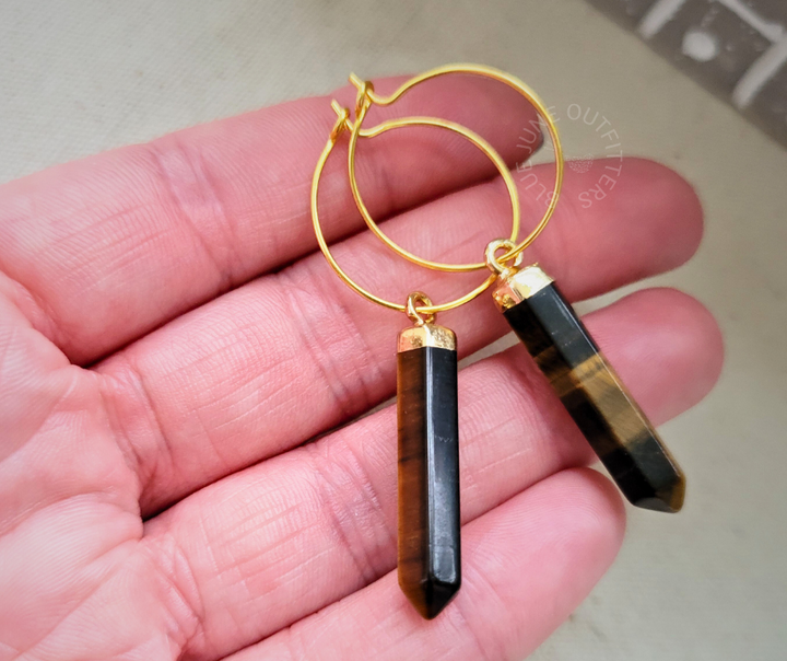 Genuine Tiger's Eye Point Hoop Earrings - 18k Gold Plated Boho Jewelry