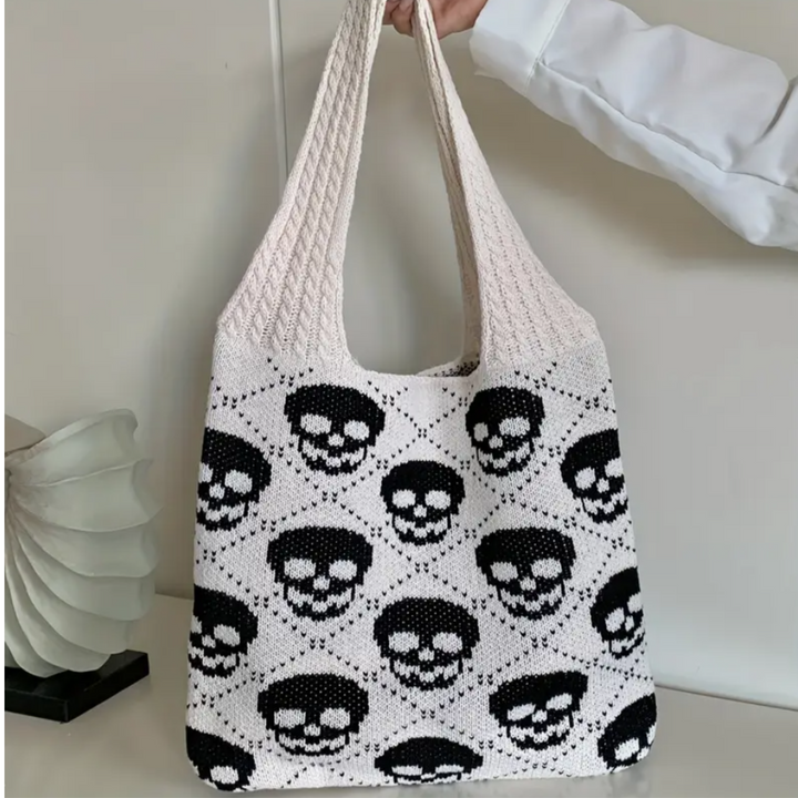 Knitted Skull Tote Bag | Gothic Punk Shoulder Purse | Y2K Soft Knit Grunge Gift