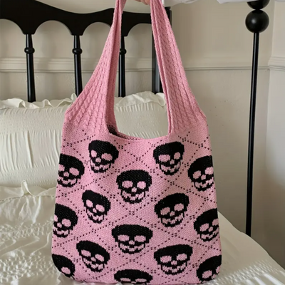 Knitted Skull Tote Bag | Gothic Punk Shoulder Purse | Y2K Soft Knit Grunge Gift