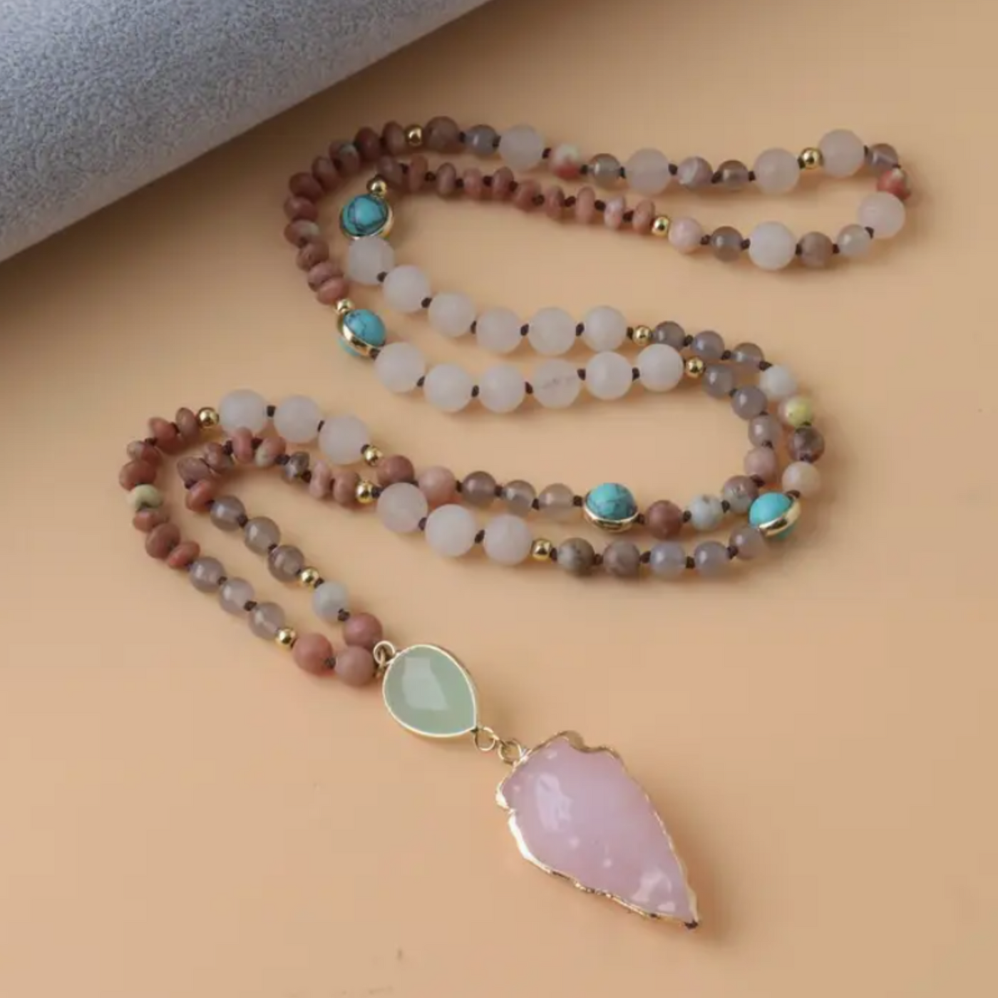 Hand-Knotted Natural Stone Beaded Necklace with Pink Arrowhead Pendant