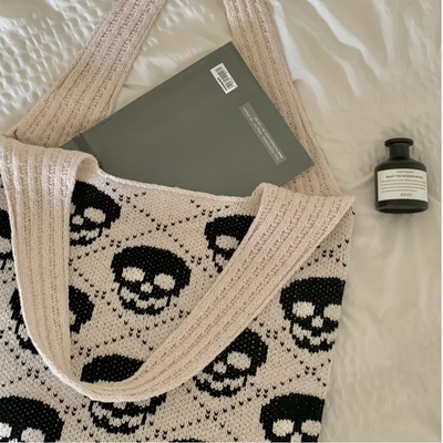 Knitted Skull Tote Bag | Gothic Punk Shoulder Purse | Y2K Soft Knit Grunge Gift