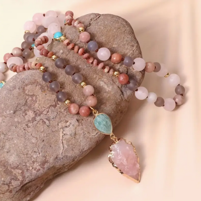 Hand-Knotted Natural Stone Beaded Necklace with Pink Arrowhead Pendant