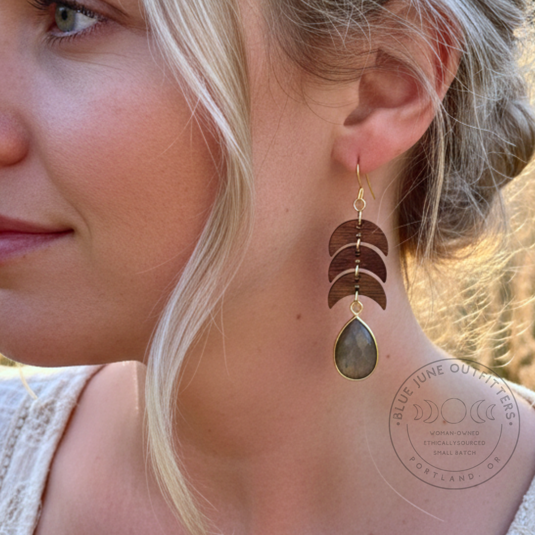 Labradorite & Wood Dangle Earrings – Gold-Plated Ear Wires