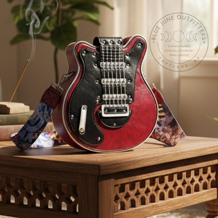 Guitar-Shaped Crossbody Purse – Deep Red & Deep Teal