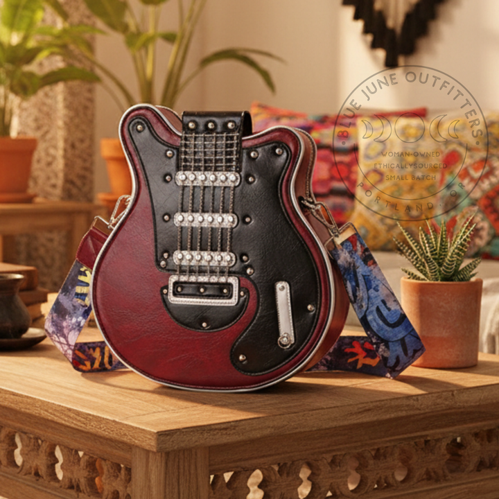 Guitar-Shaped Crossbody Purse – Deep Red & Deep Teal