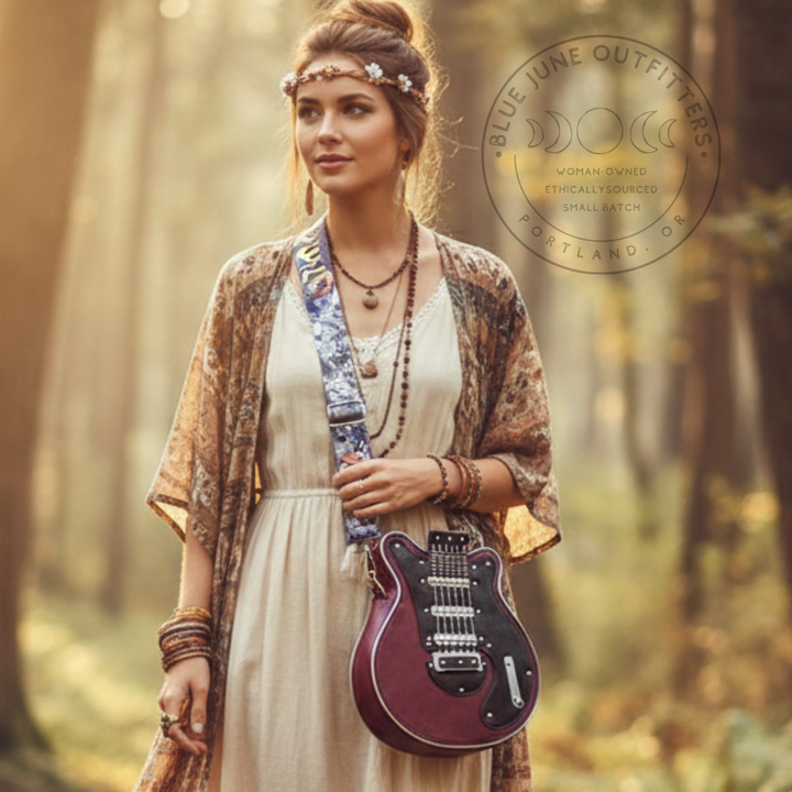 Guitar-Shaped Crossbody Purse – Deep Red & Deep Teal