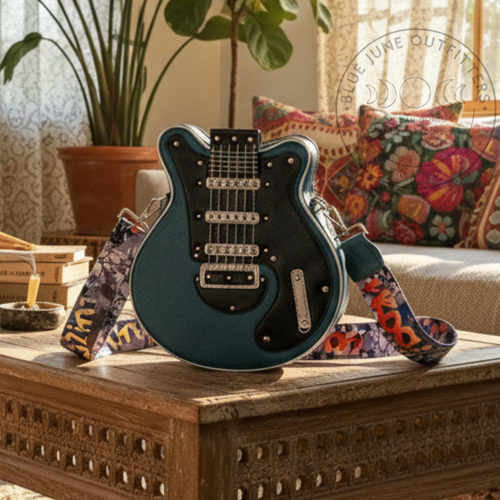 Guitar-Shaped Crossbody Purse – Deep Red & Deep Teal