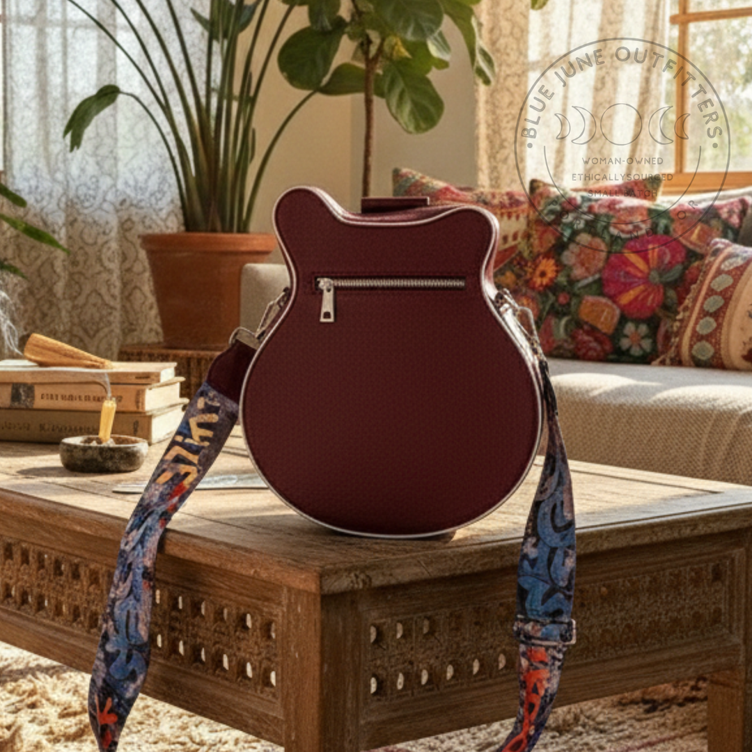 Guitar-Shaped Crossbody Purse – Deep Red & Deep Teal