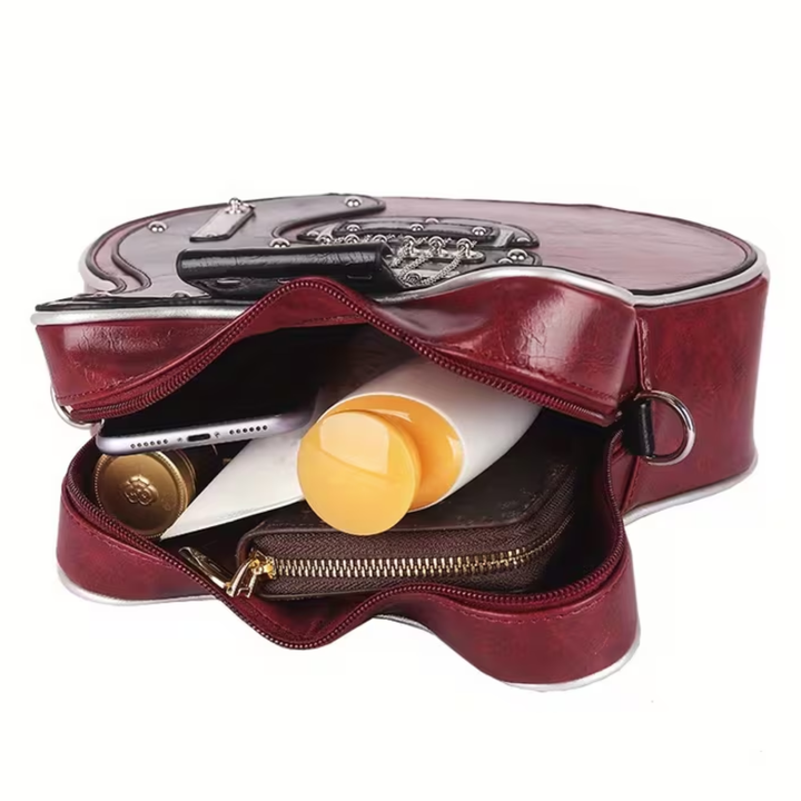 Guitar-Shaped Crossbody Purse – Deep Red & Deep Teal