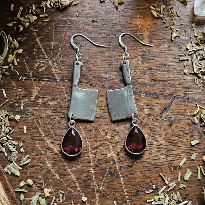 Antique Silver Cleaver Earrings with Deep Plum Crystal Drops