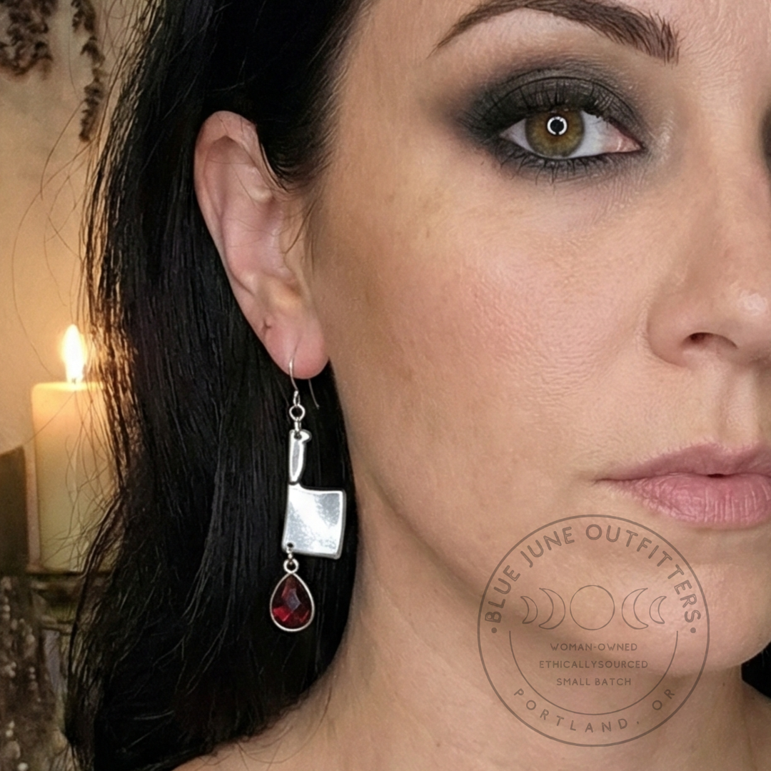 Antique Silver Cleaver Earrings with Deep Plum Crystal Drops