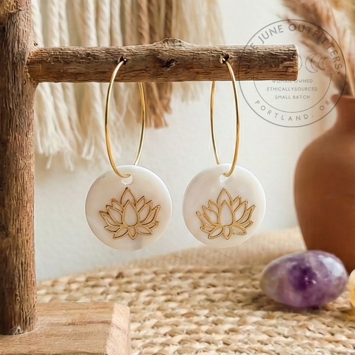 Mother of Pearl Lotus Flower Hoop Earrings – 18K Gold Plated