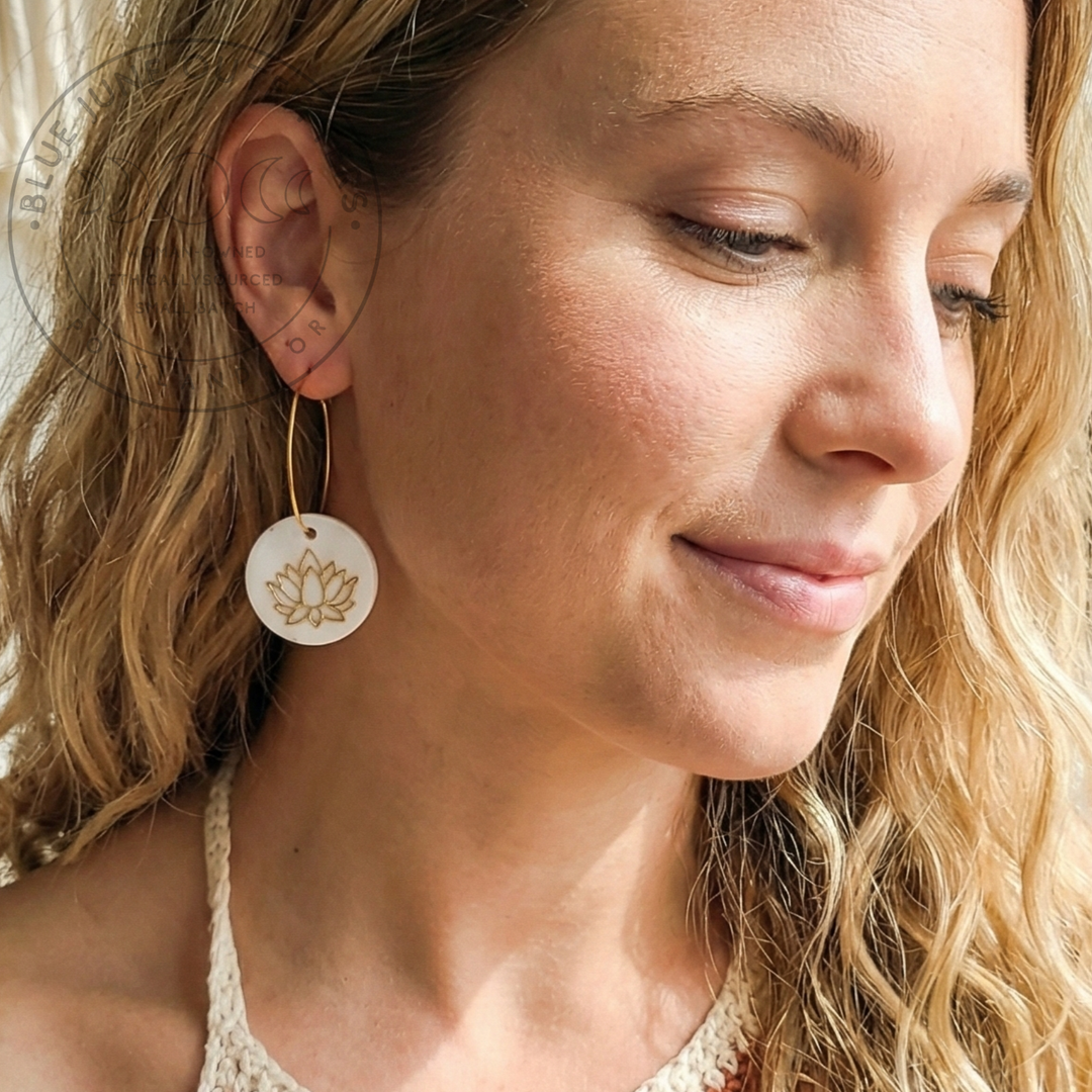 Mother of Pearl Lotus Flower Hoop Earrings – 18K Gold Plated