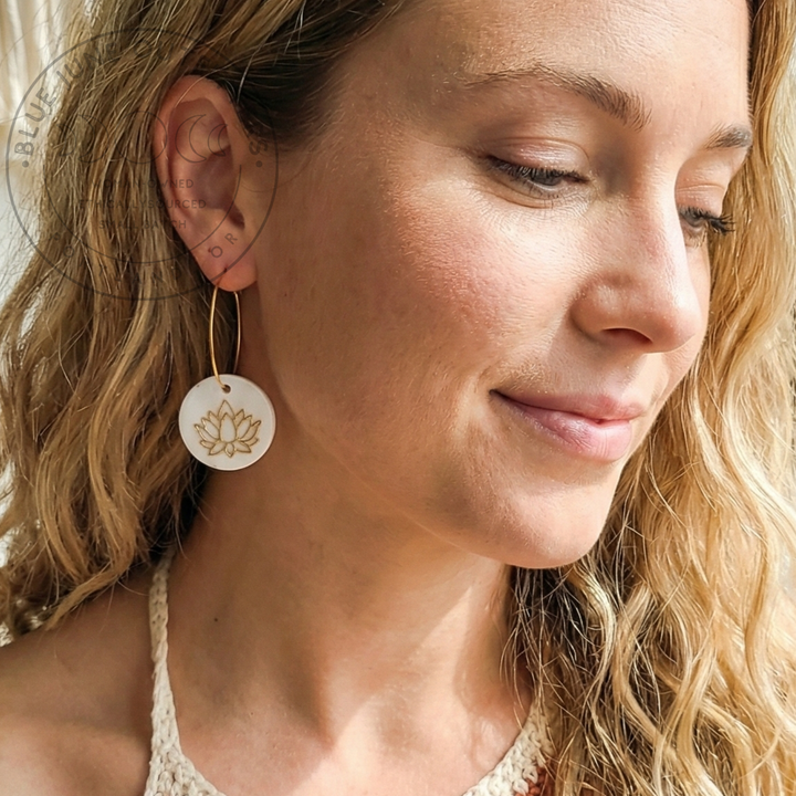 Mother of Pearl Lotus Flower Hoop Earrings – 18K Gold Plated