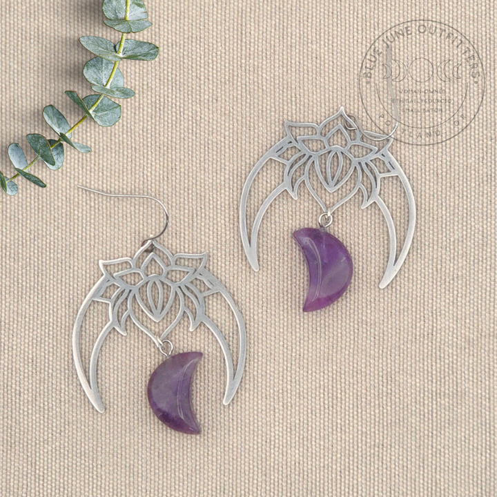 Lotus Flower Amethyst Moon Earrings