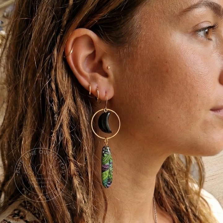 Bohemian Obsidian Feather Dangle Earrings