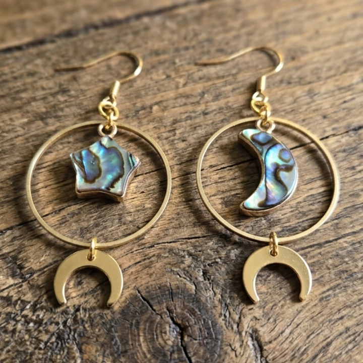Abalone Star and Moon Gold Hoop Earrings – Celestial Asymmetrical Dangles