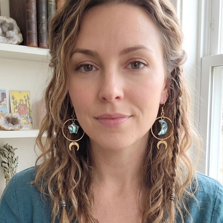 Abalone Star and Moon Gold Hoop Earrings – Celestial Asymmetrical Dangles