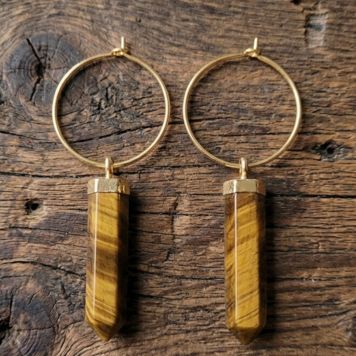 Genuine Tiger's Eye Point Hoop Earrings - 18k Gold Plated Boho Jewelry