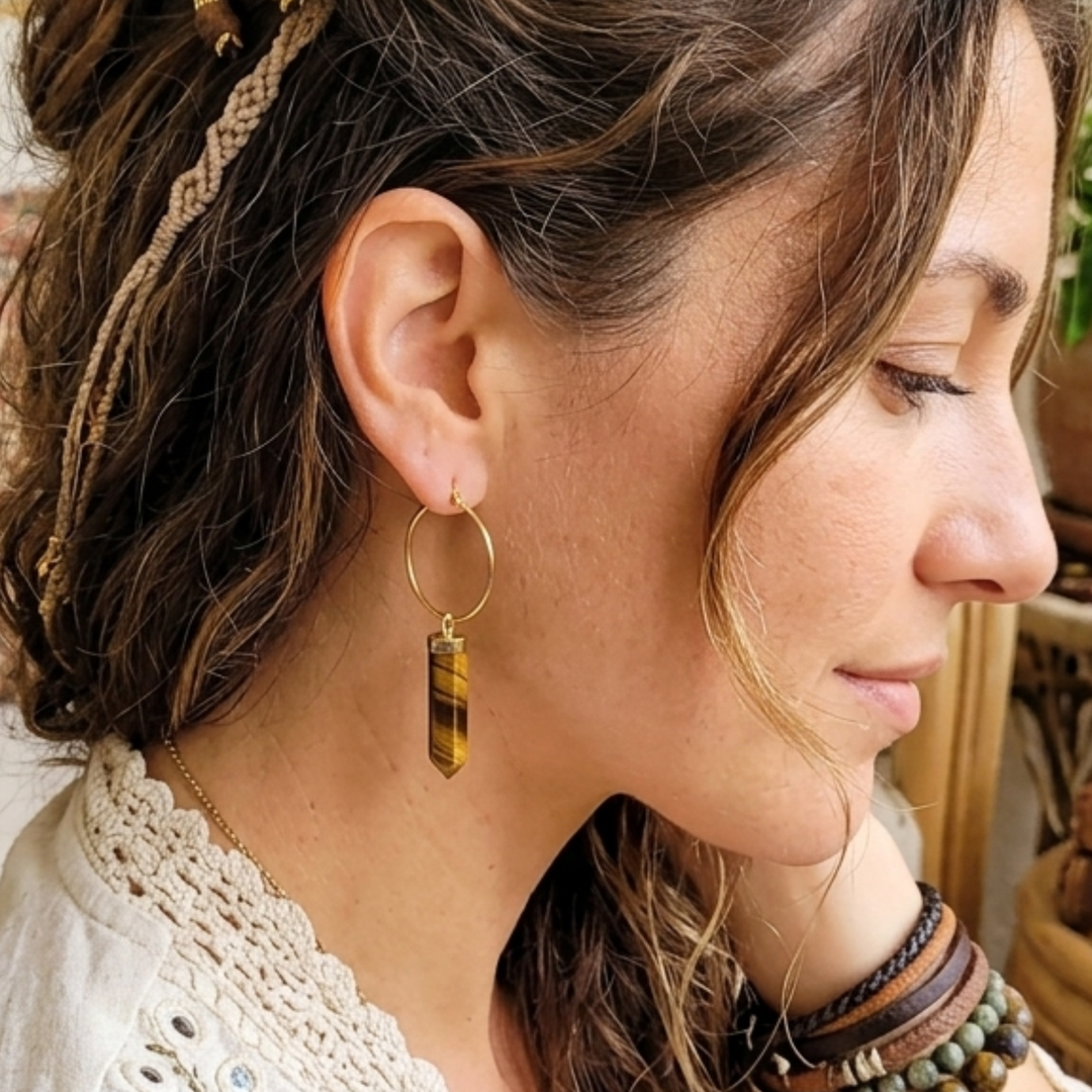 Genuine Tiger's Eye Point Hoop Earrings - 18k Gold Plated Boho Jewelry