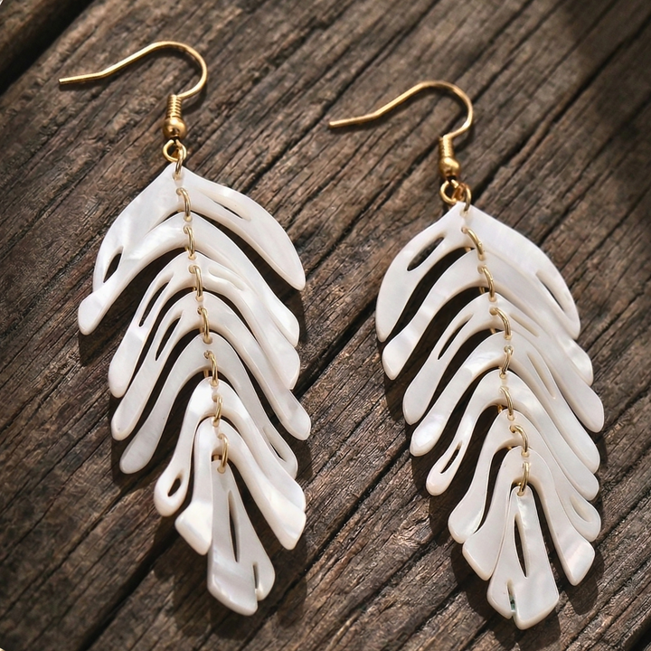 Mother of Pearl Acrylic Monstera Leaf Statement Earrings – 18k Gold Plated Dangle Earrings – Lightweight Tropical Leaf Jewelry
