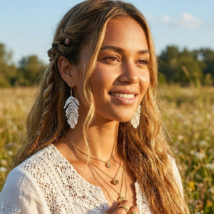 Mother of Pearl Acrylic Monstera Leaf Statement Earrings – 18k Gold Plated Dangle Earrings – Lightweight Tropical Leaf Jewelry