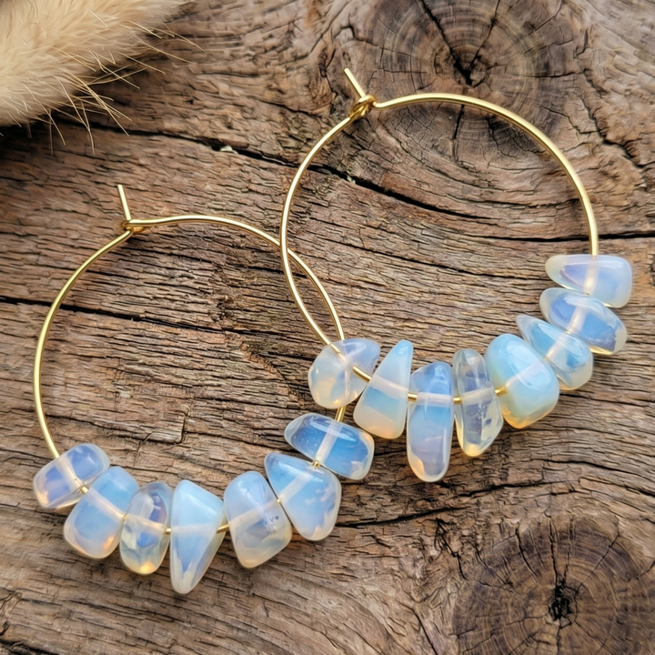 Opalite Crystal Chip Hoop Earrings – 18k Gold Plated 30mm Boho Hoops
