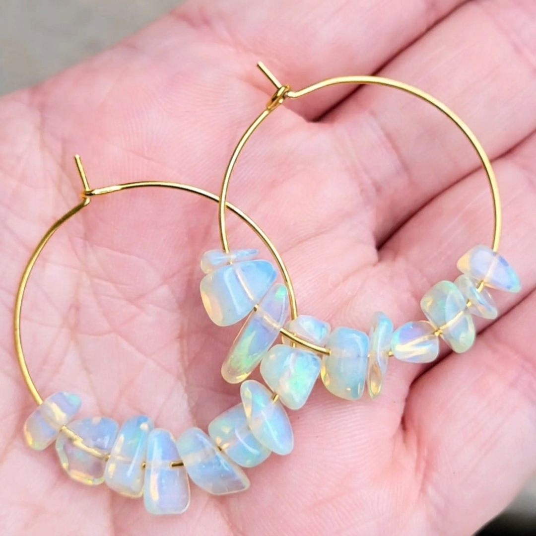 Opalite Crystal Chip Hoop Earrings – 18k Gold Plated 30mm Boho Hoops
