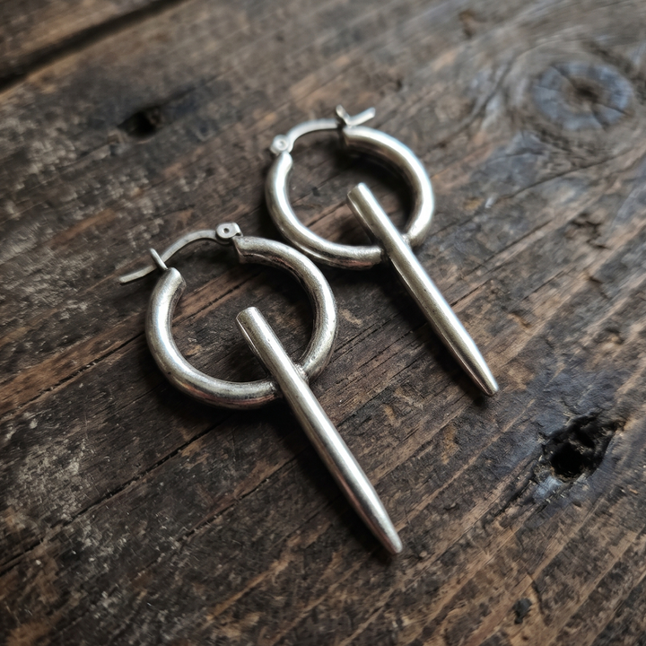 Antique Silver Spike Hoop Earrings – Edgy Boho Dangle Drop Hoops with Latch Back