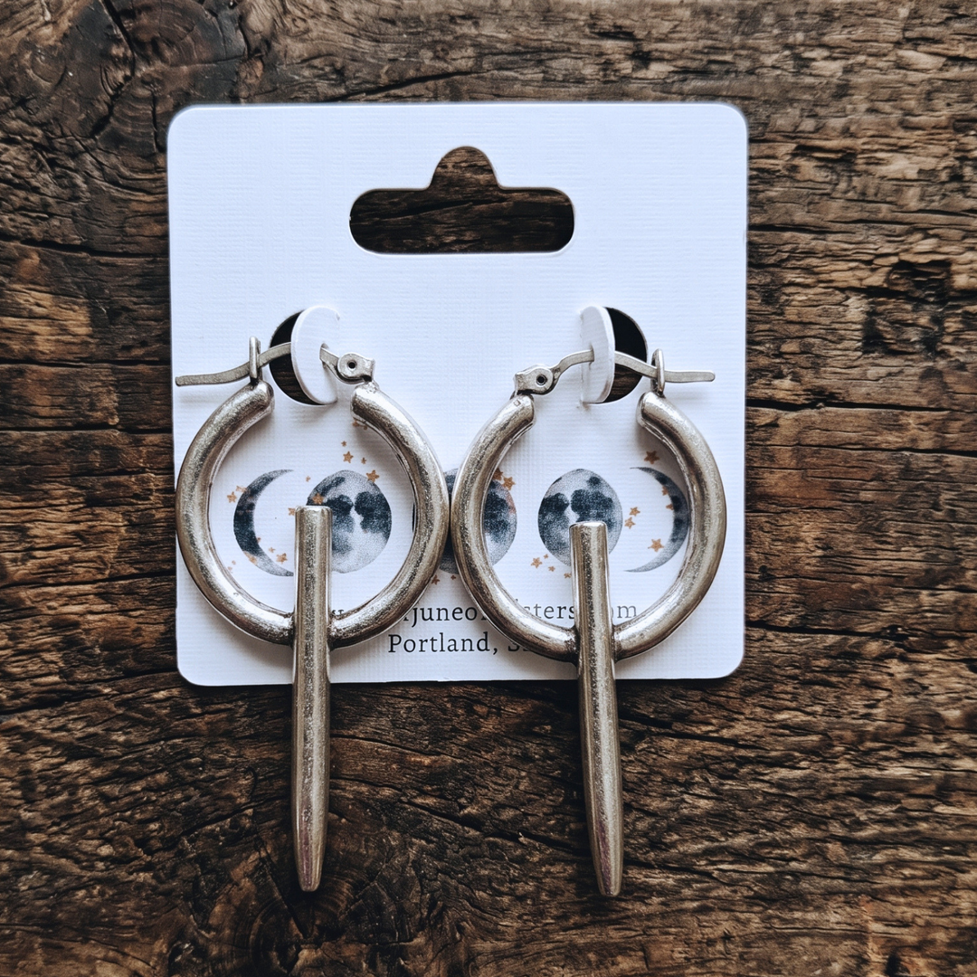 Antique Silver Spike Hoop Earrings – Edgy Boho Dangle Drop Hoops with Latch Back