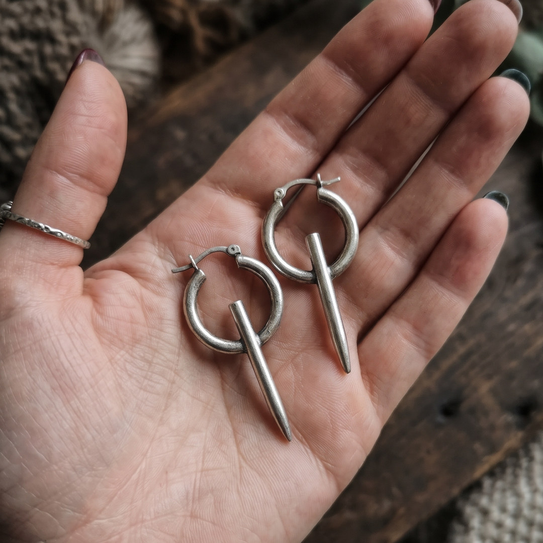 Antique Silver Spike Hoop Earrings – Edgy Boho Dangle Drop Hoops with Latch Back