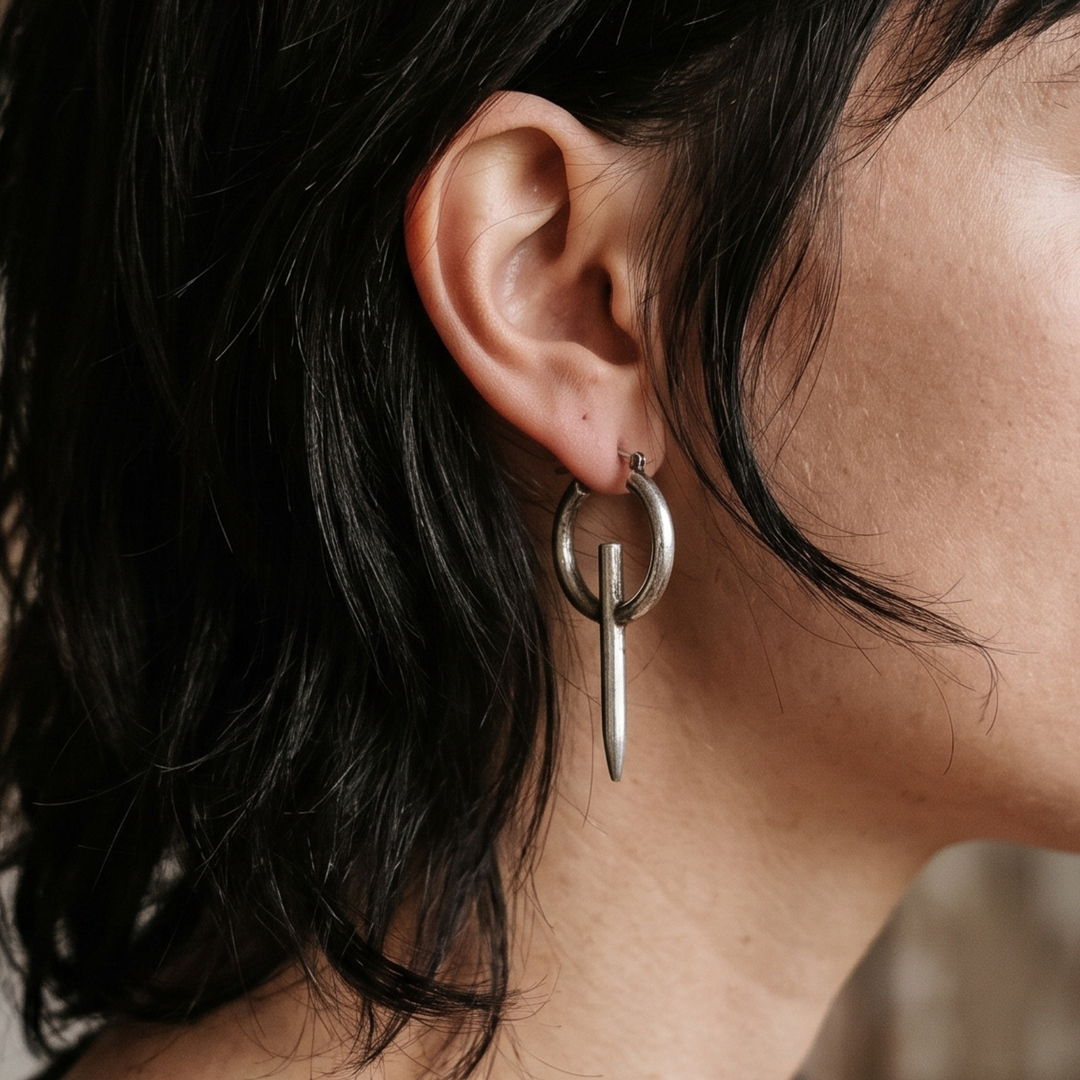 Antique Silver Spike Hoop Earrings – Edgy Boho Dangle Drop Hoops with Latch Back