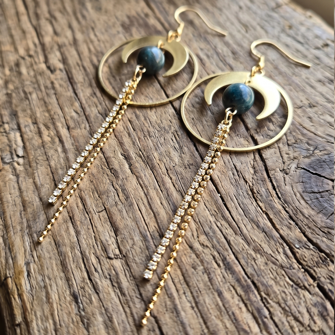 Raw Brass Celestial Moon Earrings with Blue Apatite & Rhinestone Dangles
