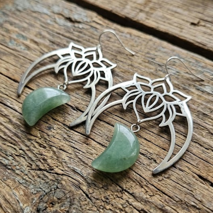 Aventurine Lotus Moon Earrings - Stainless Steel Boho Yoga Jewelry
