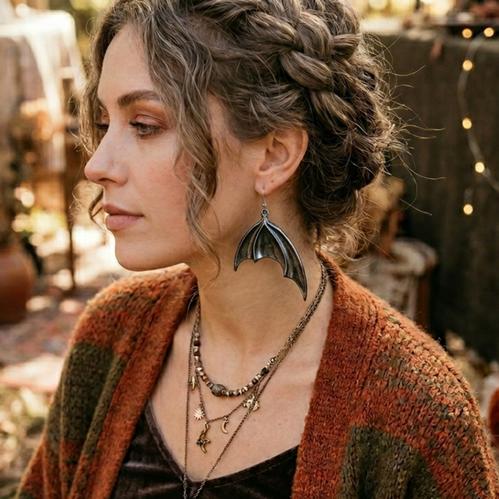 A woman in profile wearing a large black bat-wing shaped dangle earring, layered necklaces, and a rust-orange knit cardigan in an outdoor rustic setting.