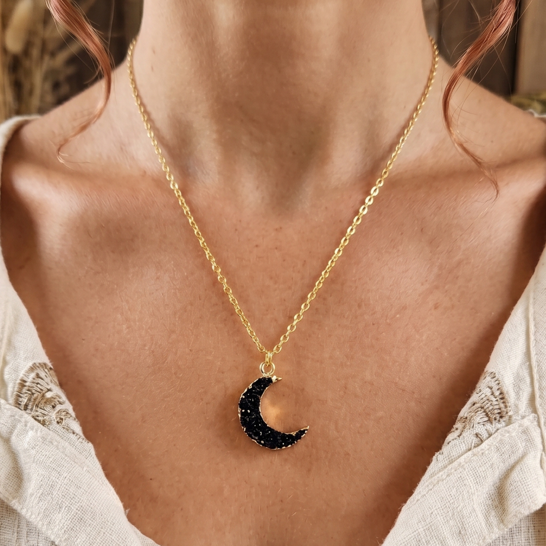 Black Druzy Crescent Moon Necklace, 18K Gold Plated Celestial Pendant, Witchy Boho Jewelry, Adjustable 18-20 Inch Chain