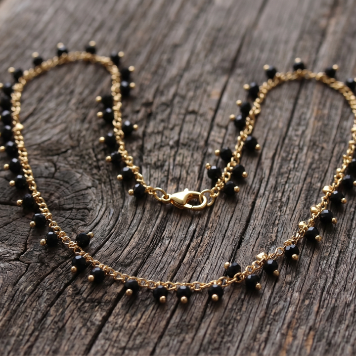 Boho 24k Gold Plated Choker Necklace - Faceted Black Glass Crystal Dangle Chain - 16"
